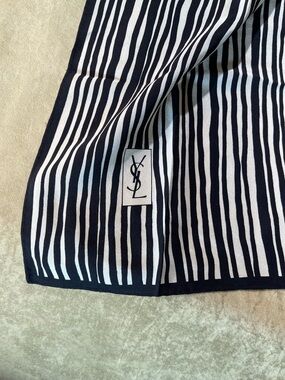 Yves Saint Laurent Black and White Striped Silk Scarf with Logo Patch
